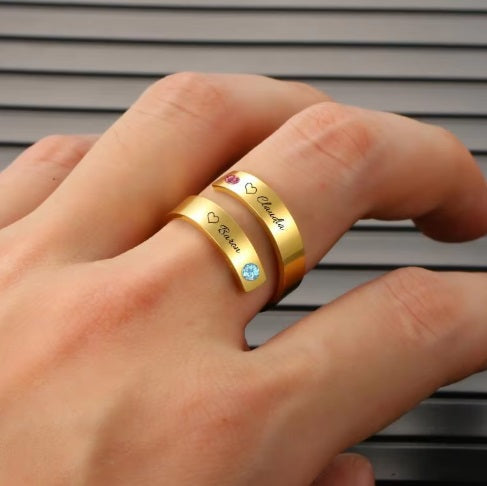 Personalized Engraved 2 Name Birthstone Ring